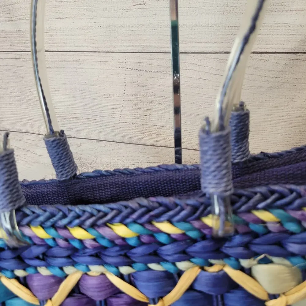 Colorful Straw Bag with Zip Top and Tubing Straps Purple Blue Teal